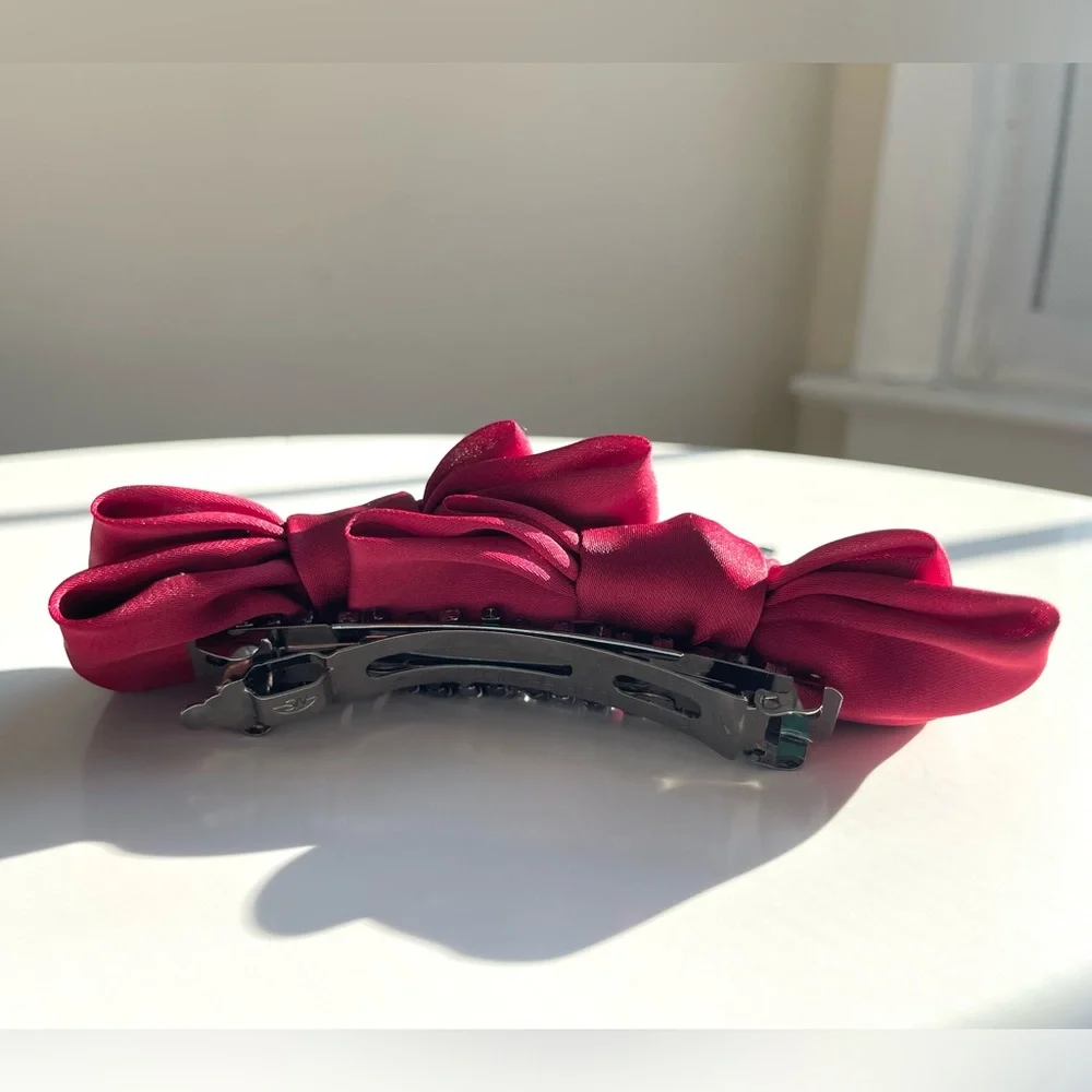 Free People NWOT Red Bow Black Rhinestone Dangle Charm Hair Clip Barrette
